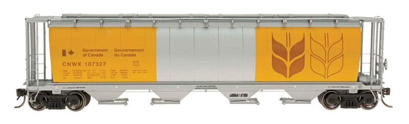 59' 4-Bay Cylindrical Covered Hopper - Trough Hatch Version - Ready to Run -- Canadian National CNWX Governemnt of Canada (Branchline, silver & yellow)