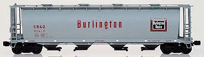59' 4-Bay Cylindrical Covered Hopper w/Round Hatches - Ready to Run -- Chicago, Burlington & Quincy (light gray w/black bottoms)