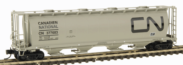 59' 4-Bay Cylindrical Covered Hopper w/Round Hatches - Ready to Run -- Canadian National (Gray, Large Black CN Logo)