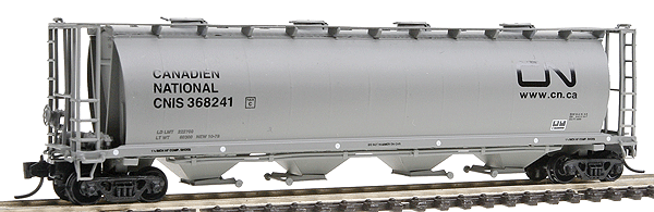 59' 4-Bay Cylindrical Covered Hopper w/Round Hatches - Ready to Run -- Canadian National (gray, black w/CN Web-Site logo)