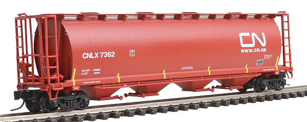 59' 4-Bay Cylindrical Covered Hopper w/Round Hatches - Ready to Run -- Canadian National CNLX (Boxcar Red, Website Logo, Yellow Conspicuity Marks)