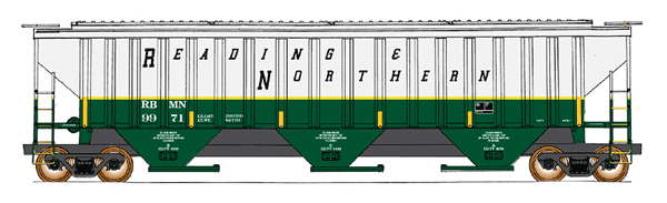 4750 Cubic Foot 3-Bay 18 Rib Covered Hopper - Ready to Run -- Reading & Northern RBMN (white, green, yellow)