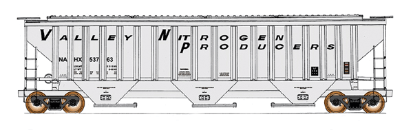 4750 Cubic Foot 3-Bay 18 Rib Covered Hopper - Ready to Run -- Valley Nitrogen Producers NAHX (gray, black)