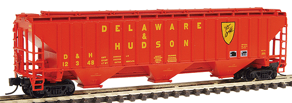 PS2CD 4750 Cubic Foot 3-Bay Covered Hopper - Ready to Run -- Delaware & Hudson (orange w/yellow lettering; yellow & black herald)