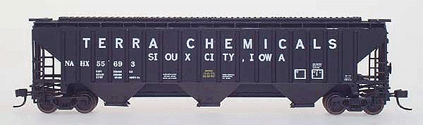 PS2CD 4750 Cubic Foot 3-Bay Covered Hopper - Ready to Run -- Terra Chemicals NAHX (Black w/White & Yellow Lettering)
