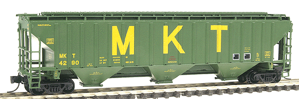 PS2CD 4750 Cubic Foot 3-Bay Covered Hopper - Ready to Run -- Missouri-Kansas-Texas (green, yellow, Billboard MKT)