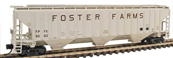 PS2CD 4750 Cubic Foot 3-Bay Covered Hopper - Ready to Run -- Foster Farms FPFX (light gray, red-brown Lettering)
