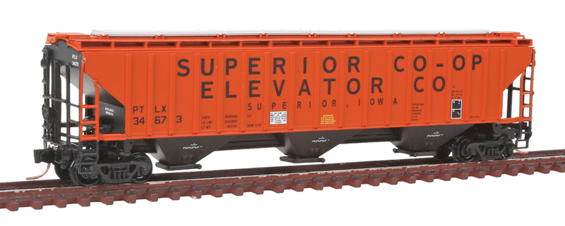 PS2CD 4750 Cubic Foot 3-Bay Covered Hopper - Ready to Run -- Superior Co-Op Elevator Co (orange, black)