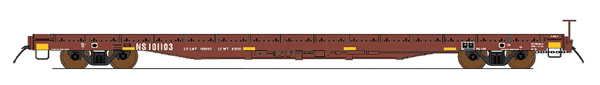 60' Wood-Deck Flatcar - Ready to Run -- Norfolk Southern (ex-SOU, Boxcar Red, yellow Conspicuity Marks)