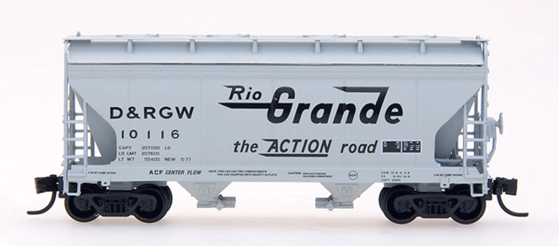 ACF 2-Bay Center-Flow Covered Hopper - Ready to Run -- Denver & Rio Grande Western (gray, black, Large Flying Grande & Action Road