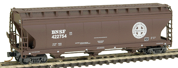 ACF 4650 Cubic Foot 3-Bay Covered Hopper - Ready to Run -- Burlington Northern Santa Fe (brown w/white markings)