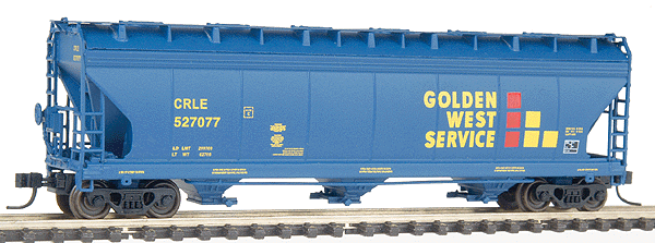 ACF 4650 Cubic Foot 3-Bay Covered Hopper - Ready to Run -- Golden West Service GVSR (blue, yellow, red)-1