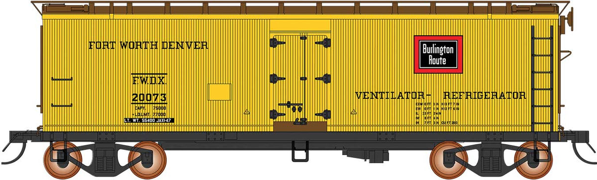 Fruit Growers Express Wood Refrigerator Car - Ready to Run -- Fort Worth & Denver (yellow, Boxcar Red, CB&Q Logo)