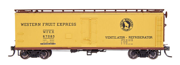 Fruit Growers Express Wood Refrigerator Car - Ready to Run -- Western Fruit Express WFEX (yellow, Boxcar Red, GN Rocky Silhouette Logo)