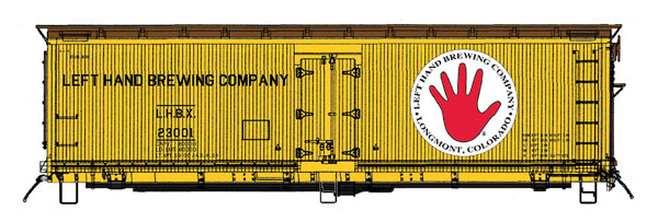 Fruit Growers Express Wood Refrigerator Car - Ready to Run -- Left Hand Brewing Co. (Micro Brewery Fantasy Scheme, yellow, Boxcar Red, Log