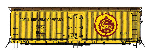 Fruit Growers Express Wood Refrigerator Car - Ready to Run -- Odell Brewing Co. (Micro Brewery Fantasy Scheme, yellow, Boxcar Red, Logo)