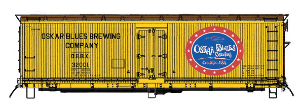 Fruit Growers Express Wood Refrigerator Car - Ready to Run -- Oskar Blues Brewing Co. (Micro Brewery Fantasy Scheme, yellow, Boxcar Red, L