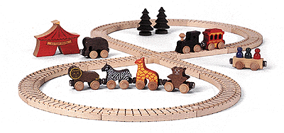 Wooden Circus Train Set (28 pcs) Ages 3+ -- Includes Figure 8 Track, Engine, Wagon, 5 Magnetic Animal Cars, Tent & 2 Tre