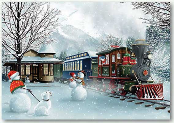 Snowman Family at Train Station Holiday Greeting Cards -- 5 x 7", 10 Cards w/Envelopes
