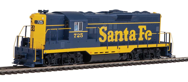 EMD GP9 Phase II with High Hood - Standard DC -- Santa Fe #725 (blue, yellow)-1