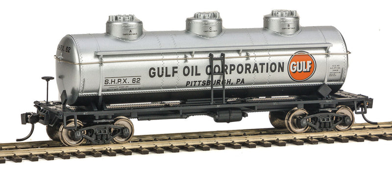 36' 3-Dome Tank Car - Ready to Run -- Gulf Oil SHPX #62 (gray, orange)-1