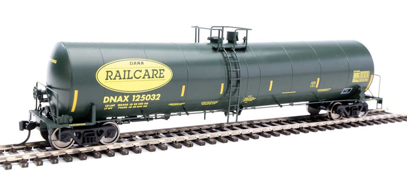 Trinity 25,000-Gallon Tank Car - Ready to Run -- Dana Transportation DNAX #125032 (black, yellow stripes & Railcare logo)-1