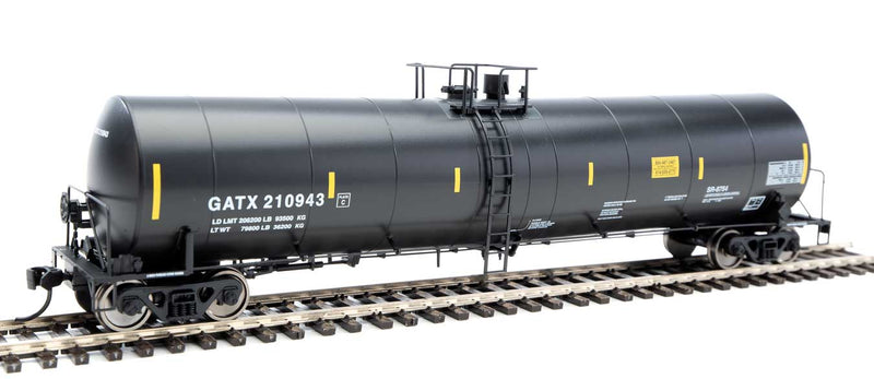 Trinity 25,000-Gallon Tank Car - Ready to Run -- GATX Corporation GATX #210943 (black, white, yellow conspicuity stripes)-1
