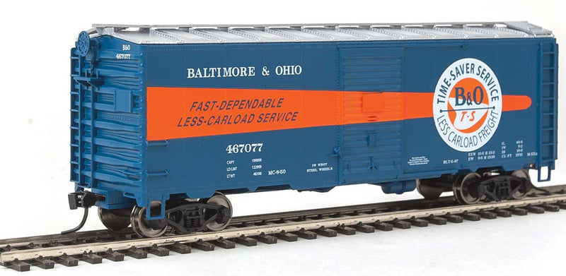 40' Association of American Railroads 1944 Boxcar - Ready to Run -- Baltimore & Ohio #467077 (blue, silver, orange; Time-Saver Service Logo)-1