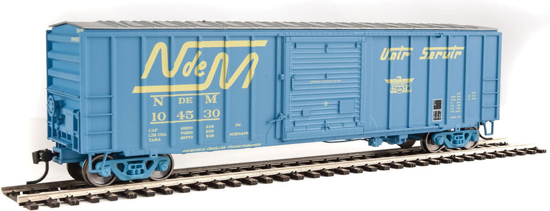 50' ACF Exterior Post Boxcar - Ready to Run -- National Railways of Mexico #104530 (blue, white; Large Logo, "Unir Servir"-1