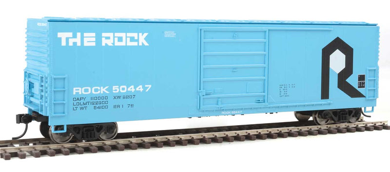 50' Evans Smooth-Side Boxcar - Ready to Run -- Rock Island #50447 (blue, black, white)-1