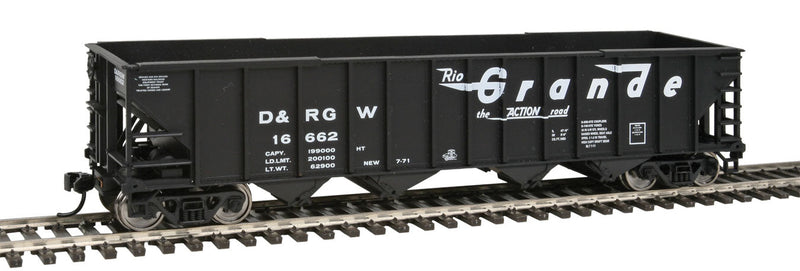50' 100-Ton 4-Bay Hopper - Ready to Run -- Denver & Rio Grande Western(TM) #16662 (black, white; Flying Grande)-1