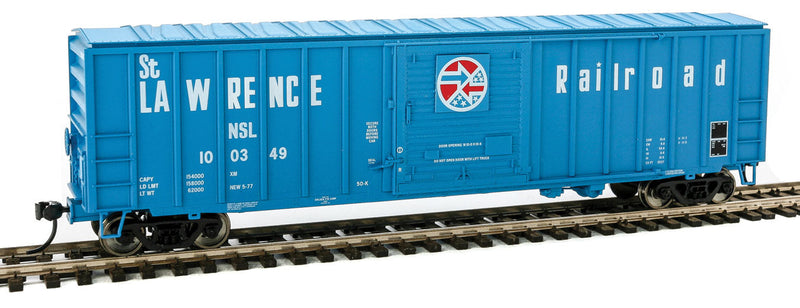 50' ACF Exterior Post Boxcar - Ready to Run -- St. Lawrence Railroad #100349 (Pickens/NRUC Scheme; blue, red, white)-1