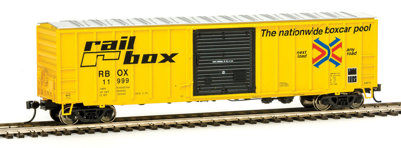 50' ACF Exterior Post Boxcar - Ready to Run -- Railbox #11999 (1970s Scheme; yellow, black; Large Logo & Slogan)-1
