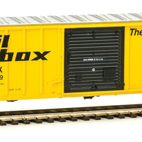 50' ACF Exterior Post Boxcar - Ready to Run -- Railbox #11999 (1970s Scheme; yellow, black; Large Logo & Slogan)