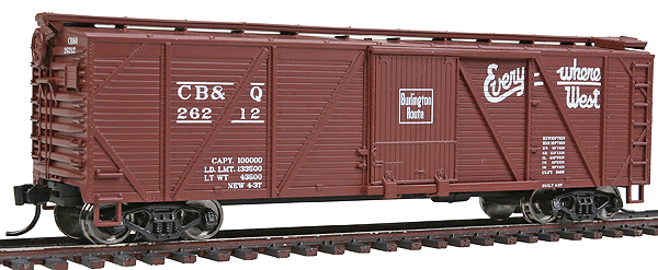 40' Wood Boxcar w/Dreadnaught Ends & Grain Doors - Ready to Run -- Chicago, Burlington & Quincy #26212 (Boxcar Red, Everywhere West Slogan)
