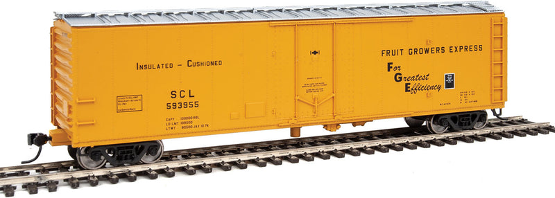 50' PC&F Insulated Boxcar - Ready to Run -- Fruit Grower's Express SCL #593955 (yellow, silver, black)-1