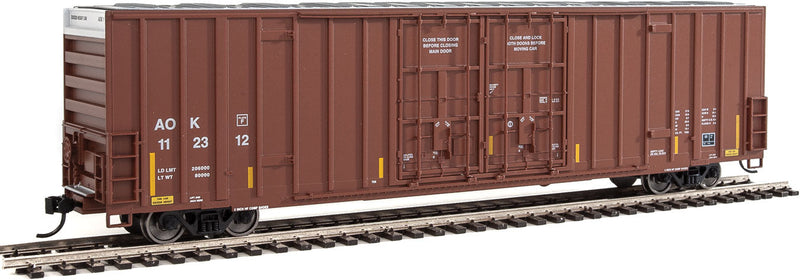 60' High Cube Plate F Boxcar - Ready to Run -- Arkansas-Oklahoma #112312 (brown, aluminum, white; Conspicuity Markings)-1