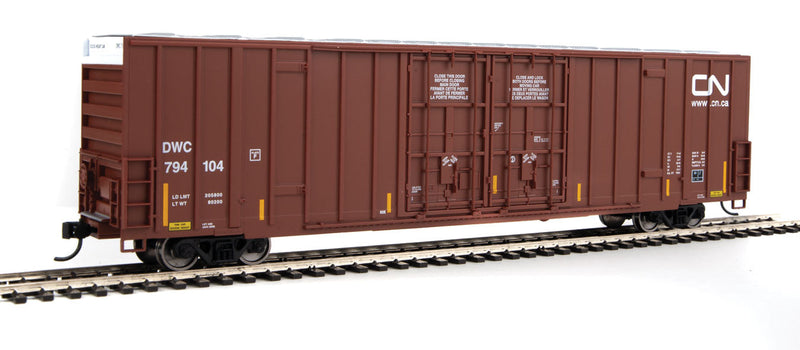 60' High Cube Plate F Boxcar - Ready to Run -- Canadian National DWC #794104 (brown, white; Conspicuity Markings)-1