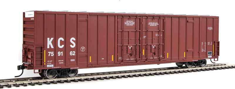 60' High Cube Plate F Boxcar - Ready to Run -- Kansas City Southern #759162 (brown, white; Yellow Conspicuity Markings)-1