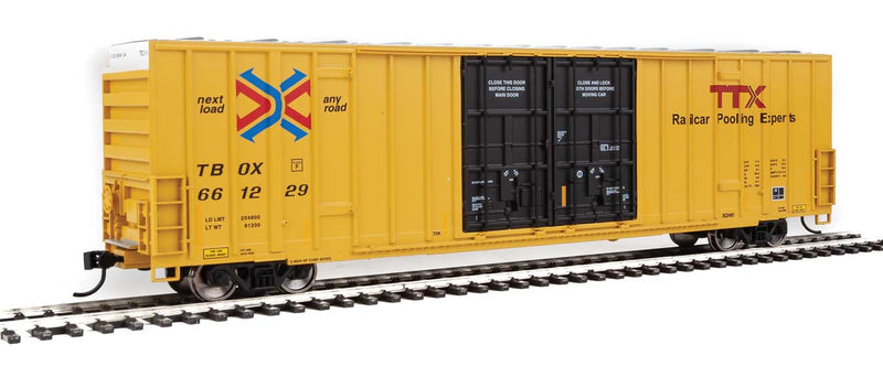 60' High-Cube Plate F Boxcar - Ready to Run -- TTX TBOX #661229 (yellow, black, Red TTX and Next Load Any Road Logos)-1