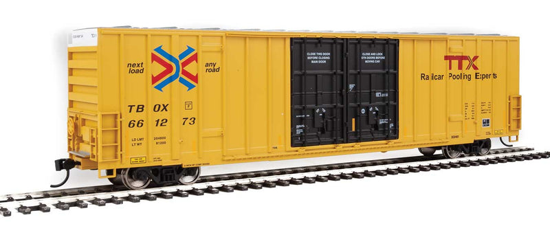 60' High-Cube Plate F Boxcar - Ready to Run -- TTX TBOX #661273 (yellow, black, Red TTX and Next Load Any Road Logos)-1
