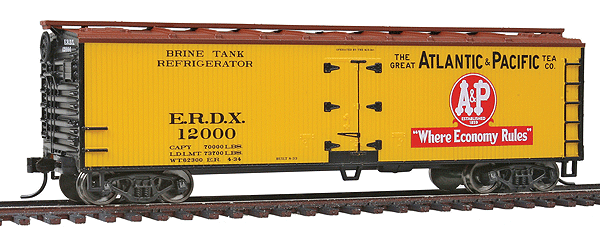 40' Double Sheathed Reefer w/Steel Roof/Ends - Ready to Run -- Atlantic & Pacific ERDX #12000 (yellow, Boxcar Red, black, red)