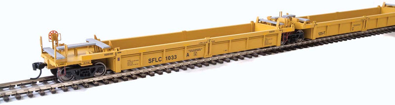 Thrall 5-Unit Rebuilt 40' Well Car - Ready to Run -- Santa Fe Leasing SFLC #1033 A-E (yellow, black, yellow conspicuity stripes)-1