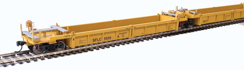 Thrall 5-Unit Rebuilt 40' Well Car - Ready to Run -- Santa Fe Leasing SFLC #1059 A-E (yellow, black, yellow conspicuity stripes)-1