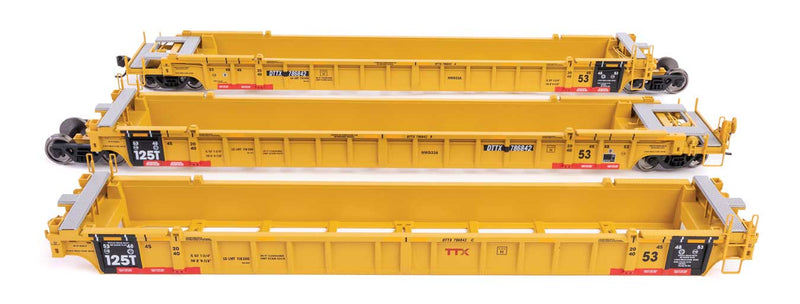 NSC Articulated 3-Unit 53' Well Car - Ready to Run -- TTX DTTX #786842 (yellow w/red "Jack Here" warnings)-1