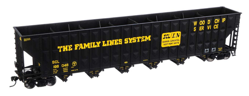 73'3" Greenville 7,000 Cubic Foot Wood Chip Hopper - Ready to Run -- Seaboard Coast Line Family Lines #196048 (black, yellow)-1