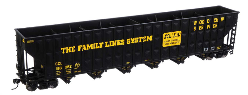 73'3" Greenville 7,000 Cubic Foot Wood Chip Hopper - Ready to Run -- Seaboard Coast Line Family Lines #196052 (black, yellow)-1
