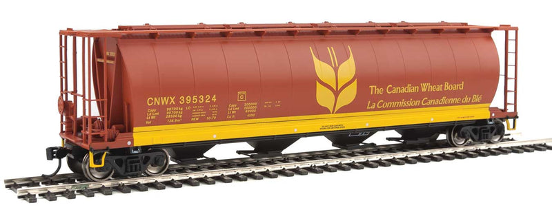 59' Cylindrical Hopper, Trough Hatches - Ready to Run -- Canadian Wheat Board CNWX #395324 (brown, yellow; Single Wheat Sheaf)-1