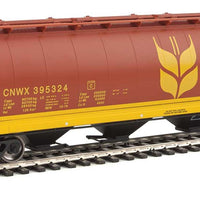 59' Cylindrical Hopper, Trough Hatches - Ready to Run -- Canadian Wheat Board CNWX #395324 (brown, yellow; Single Wheat Sheaf)