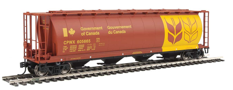 59' Cylindrical Hopper, Trough Hatches - Ready to Run -- Canadian Wheat Board CPWX #605665 (brown, yellow; Double Wheat Sheaf)-1